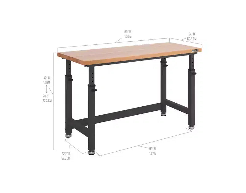 Table d'établi robuste de 152 cm de hauteur réglable avec plateau en bois