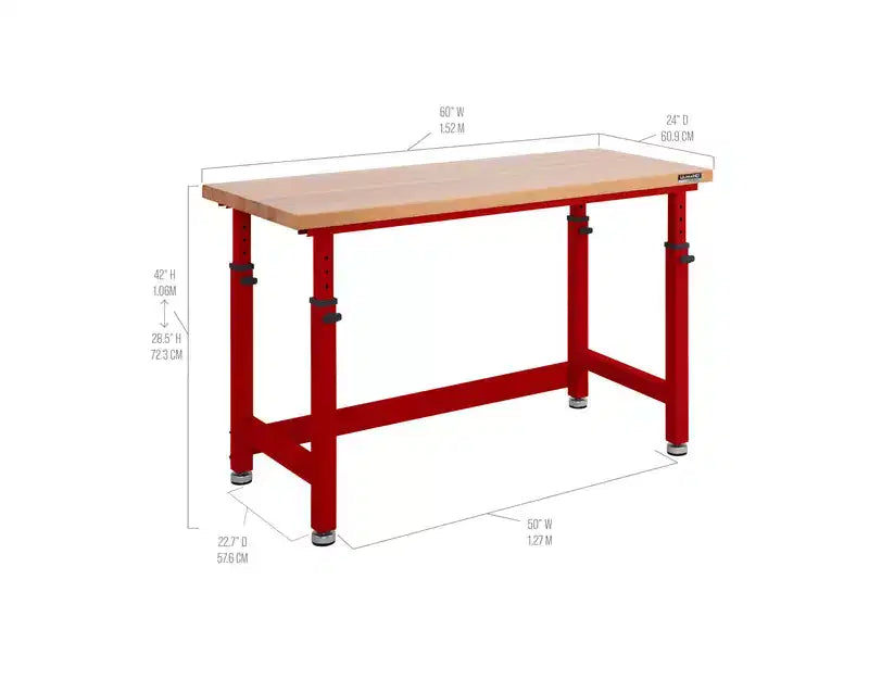 Table d'établi robuste de 152 cm de hauteur réglable avec plateau en bois