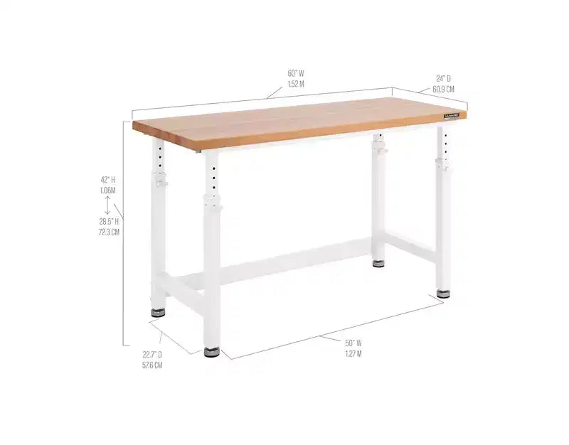 Table d'établi robuste de 152 cm de hauteur réglable avec plateau en bois