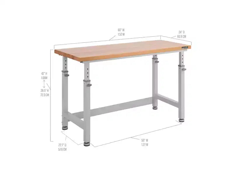 Table d'établi robuste de 152 cm de hauteur réglable avec plateau en bois