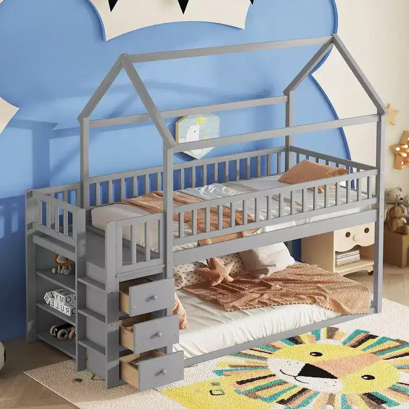 Whisen Twin Over Twin House-shaped Bunk Bed with Shelves, Drawers and Fence Guardrails