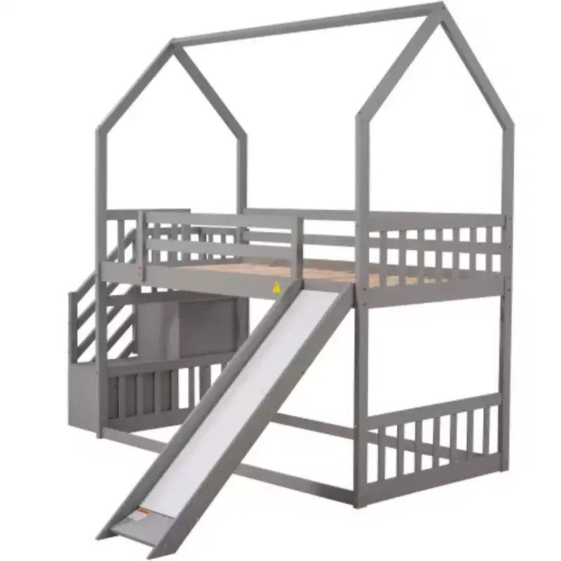 Lit superposé cabane jumeau sur jumeau avec toboggan convertible, escalier de rangement pouvant être placé à gauche ou à droite, gris