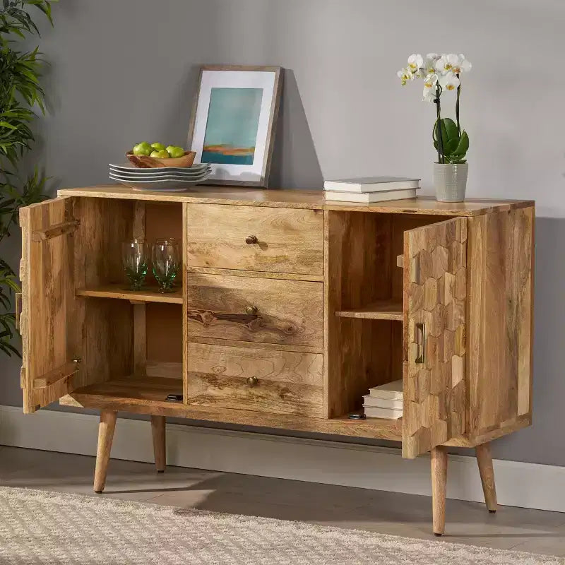 Buffet en bois de manguier fait main style bohème avec rangement, naturel