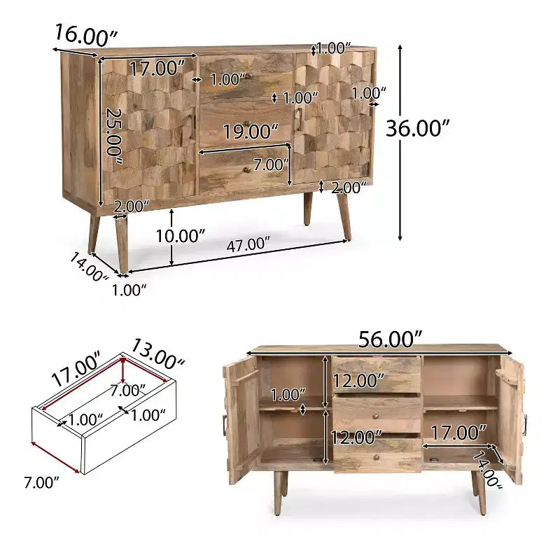 Buffet en bois de manguier fait main style bohème avec rangement, naturel