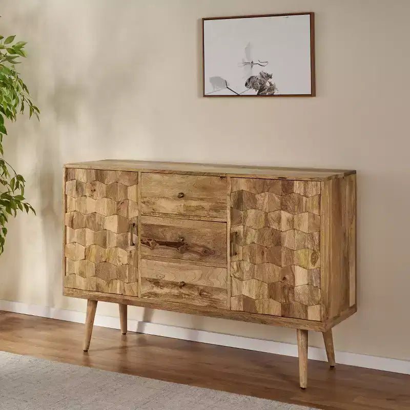 Buffet en bois de manguier fait main style bohème avec rangement, naturel