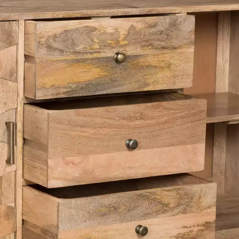 Buffet en bois de manguier fait main style bohème avec rangement, naturel
