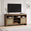 Rattan TV Cabinet, 58 Inch Wooden TV Stand with 4 Open Shelves and 2 Door Cabinets, Farmhouse Entertainment Center