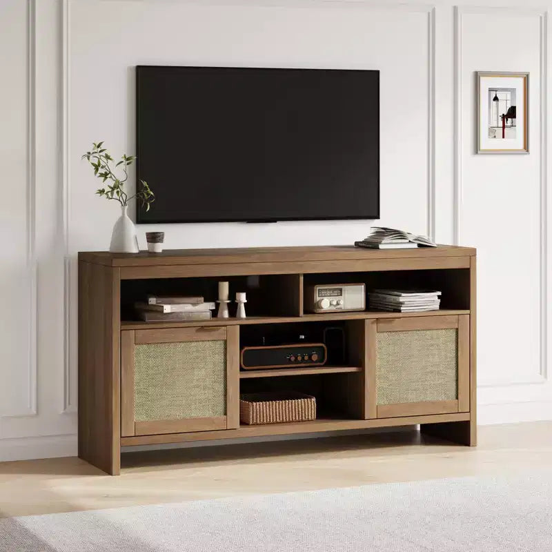 Rattan TV Cabinet, 58 Inch Wooden TV Stand with 4 Open Shelves and 2 Door Cabinets, Farmhouse Entertainment Center