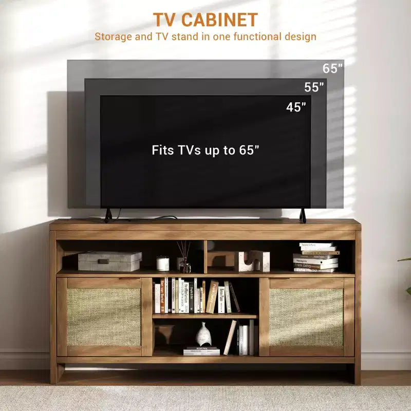 Meuble TV en rotin, meuble TV en bois de 58 pouces avec 4 étagères ouvertes et 2 armoires à portes, meuble TV de style ferme