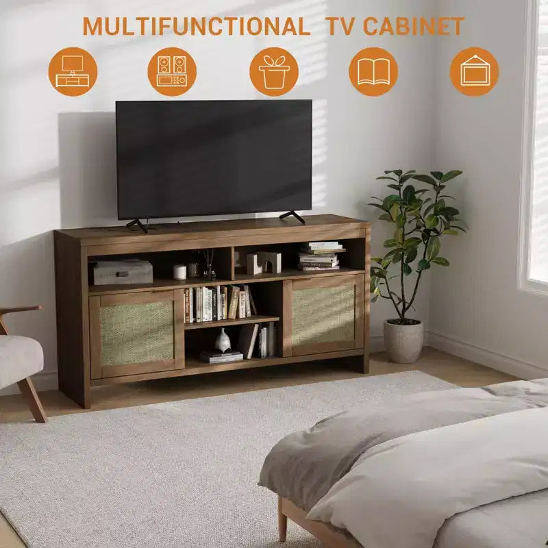Meuble TV en rotin, meuble TV en bois de 58 pouces avec 4 étagères ouvertes et 2 armoires à portes, meuble TV de style ferme