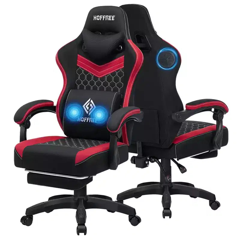 Hoffree Breathable Fabric Massage Gaming Chair Ergonomic Office PC Chair with Bluetooth Speaker & Footrest