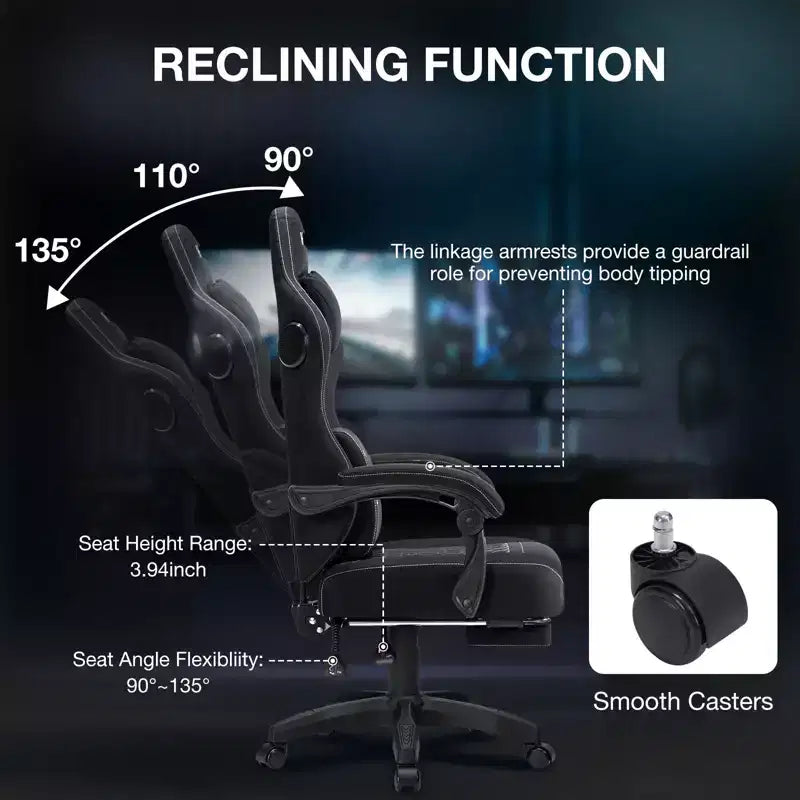 Fauteuil de gaming massant en tissu respirant, chaise de bureau ergonomique avec haut-parleur Bluetooth et repose-pieds