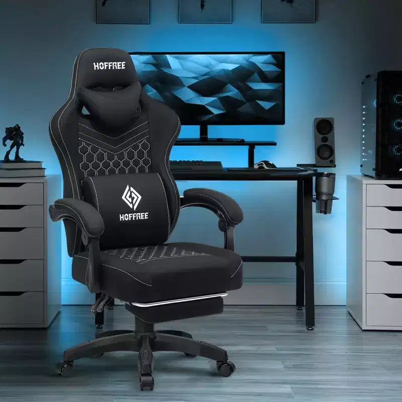 Fauteuil de gaming massant en tissu respirant, chaise de bureau ergonomique avec haut-parleur Bluetooth et repose-pieds