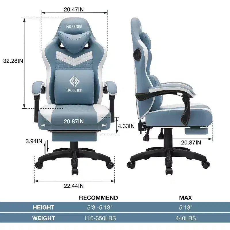 Fauteuil de gaming massant en tissu respirant, chaise de bureau ergonomique avec haut-parleur Bluetooth et repose-pieds
