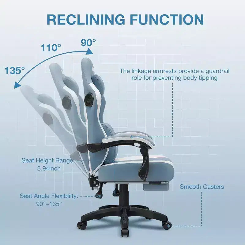 Fauteuil de gaming massant en tissu respirant, chaise de bureau ergonomique avec haut-parleur Bluetooth et repose-pieds
