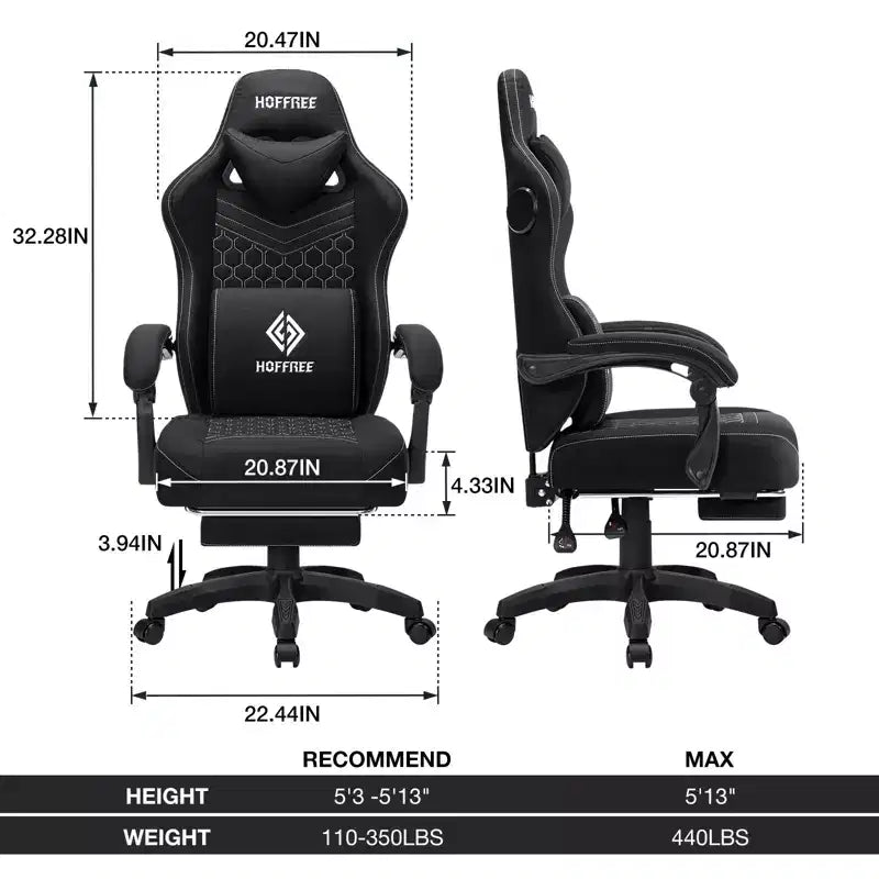 Fauteuil de gaming massant en tissu respirant, chaise de bureau ergonomique avec haut-parleur Bluetooth et repose-pieds