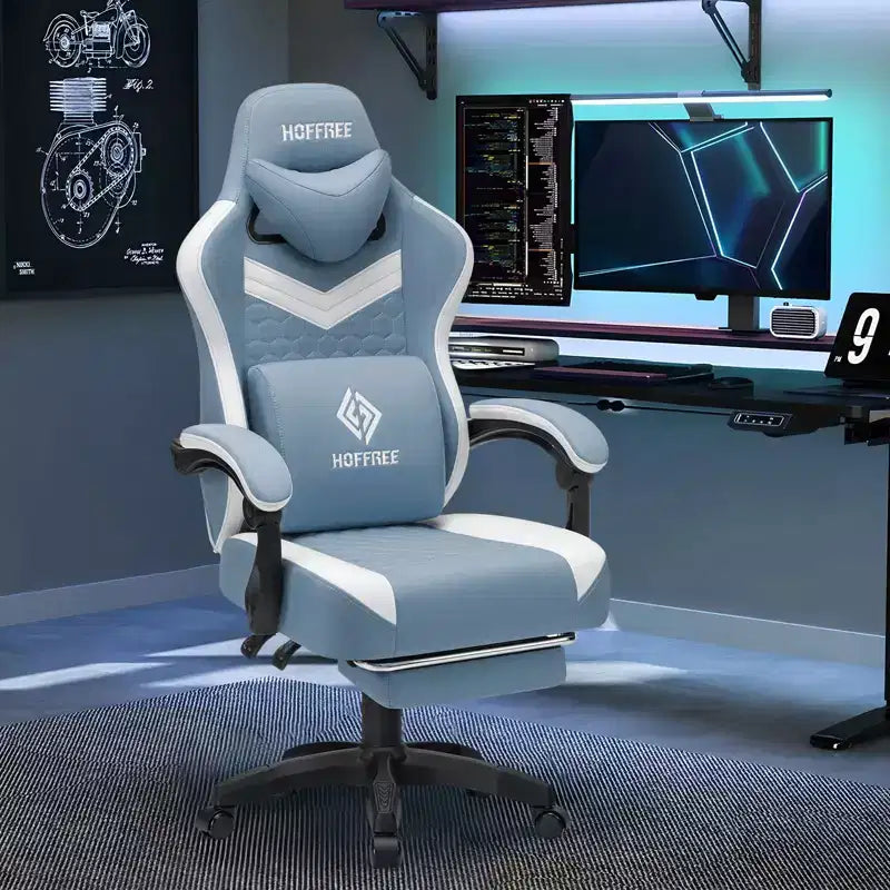 Fauteuil de gaming massant en tissu respirant, chaise de bureau ergonomique avec haut-parleur Bluetooth et repose-pieds