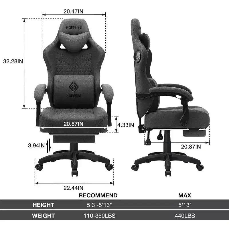 Fauteuil de gaming massant en tissu respirant, chaise de bureau ergonomique avec haut-parleur Bluetooth et repose-pieds