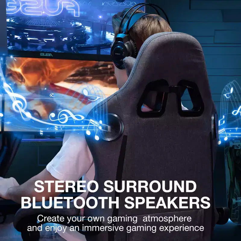 Fauteuil de gaming massant en tissu respirant, chaise de bureau ergonomique avec haut-parleur Bluetooth et repose-pieds