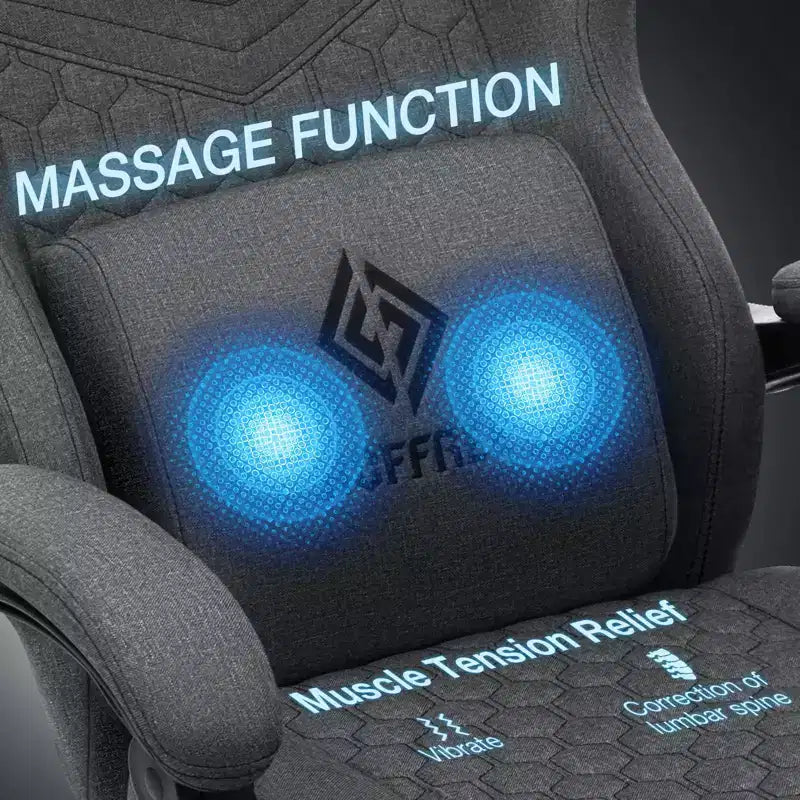 Fauteuil de gaming massant en tissu respirant, chaise de bureau ergonomique avec haut-parleur Bluetooth et repose-pieds