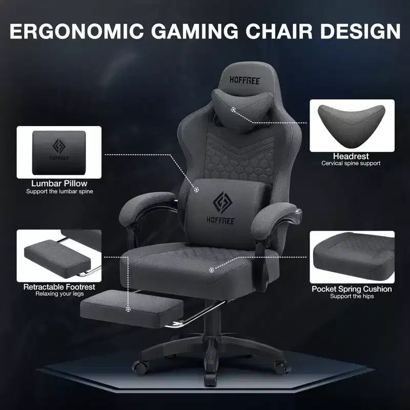 Fauteuil de gaming massant en tissu respirant, chaise de bureau ergonomique avec haut-parleur Bluetooth et repose-pieds