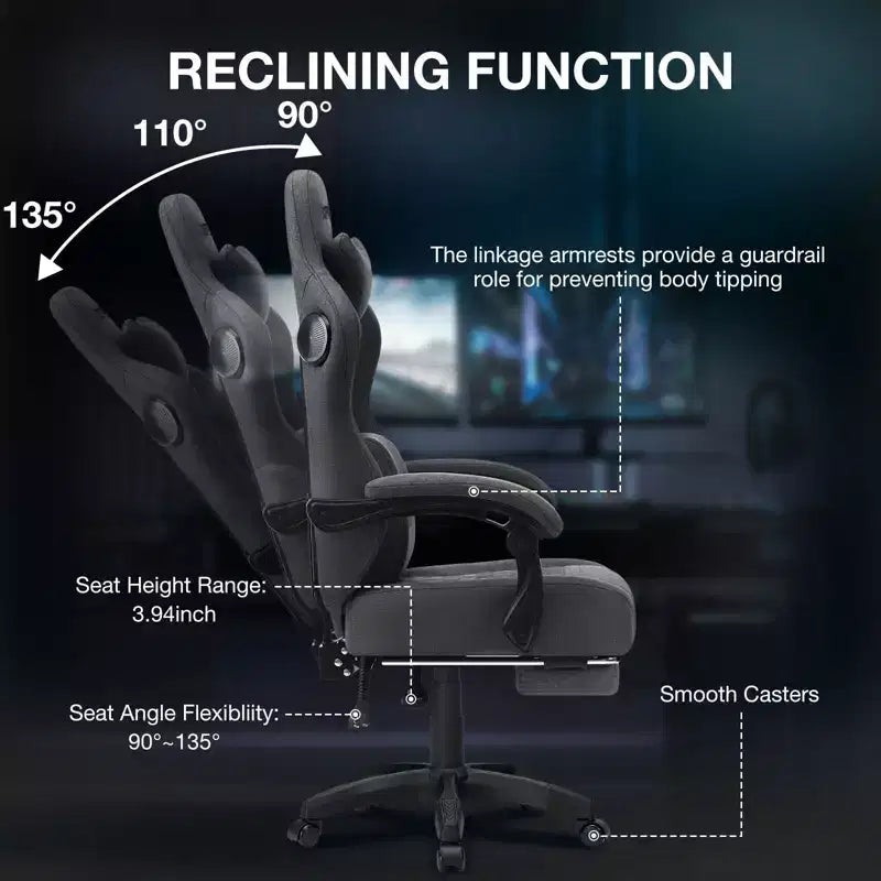 Fauteuil de gaming massant en tissu respirant, chaise de bureau ergonomique avec haut-parleur Bluetooth et repose-pieds