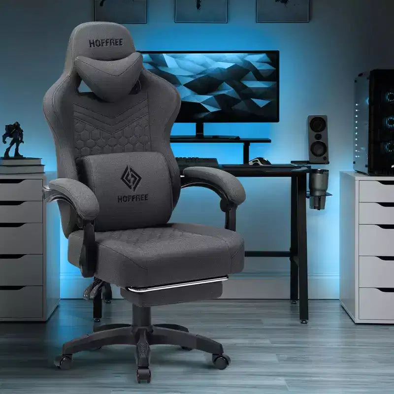 Fauteuil de gaming massant en tissu respirant, chaise de bureau ergonomique avec haut-parleur Bluetooth et repose-pieds