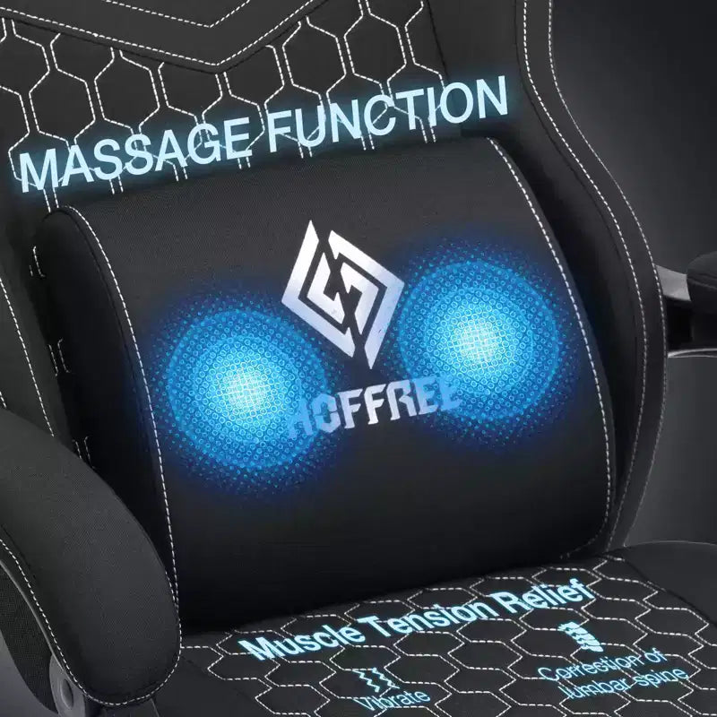 Fauteuil de gaming massant en tissu respirant, chaise de bureau ergonomique avec haut-parleur Bluetooth et repose-pieds