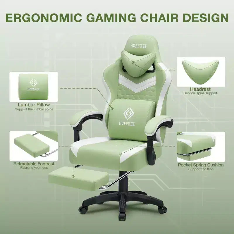 Fauteuil de gaming massant en tissu respirant, chaise de bureau ergonomique avec haut-parleur Bluetooth et repose-pieds