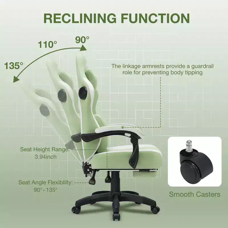 Fauteuil de gaming massant en tissu respirant, chaise de bureau ergonomique avec haut-parleur Bluetooth et repose-pieds