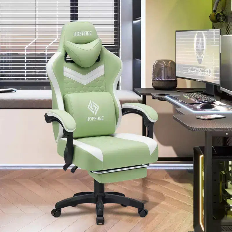 Fauteuil de gaming massant en tissu respirant, chaise de bureau ergonomique avec haut-parleur Bluetooth et repose-pieds