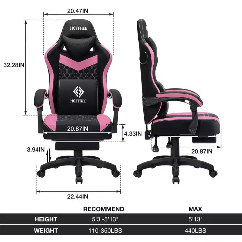 Fauteuil de gaming massant en tissu respirant, chaise de bureau ergonomique avec haut-parleur Bluetooth et repose-pieds