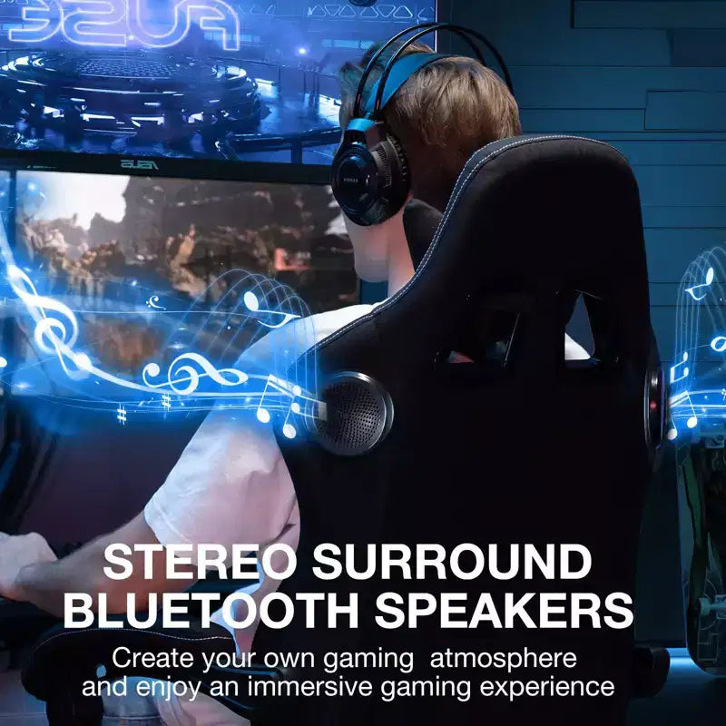 Fauteuil de gaming massant en tissu respirant, chaise de bureau ergonomique avec haut-parleur Bluetooth et repose-pieds