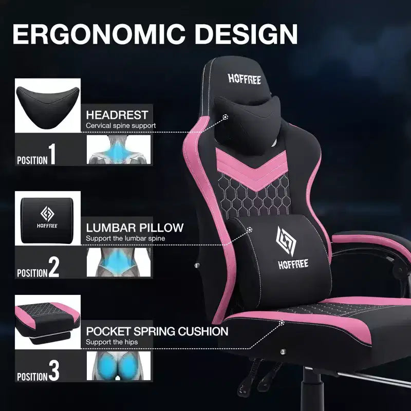 Fauteuil de gaming massant en tissu respirant, chaise de bureau ergonomique avec haut-parleur Bluetooth et repose-pieds
