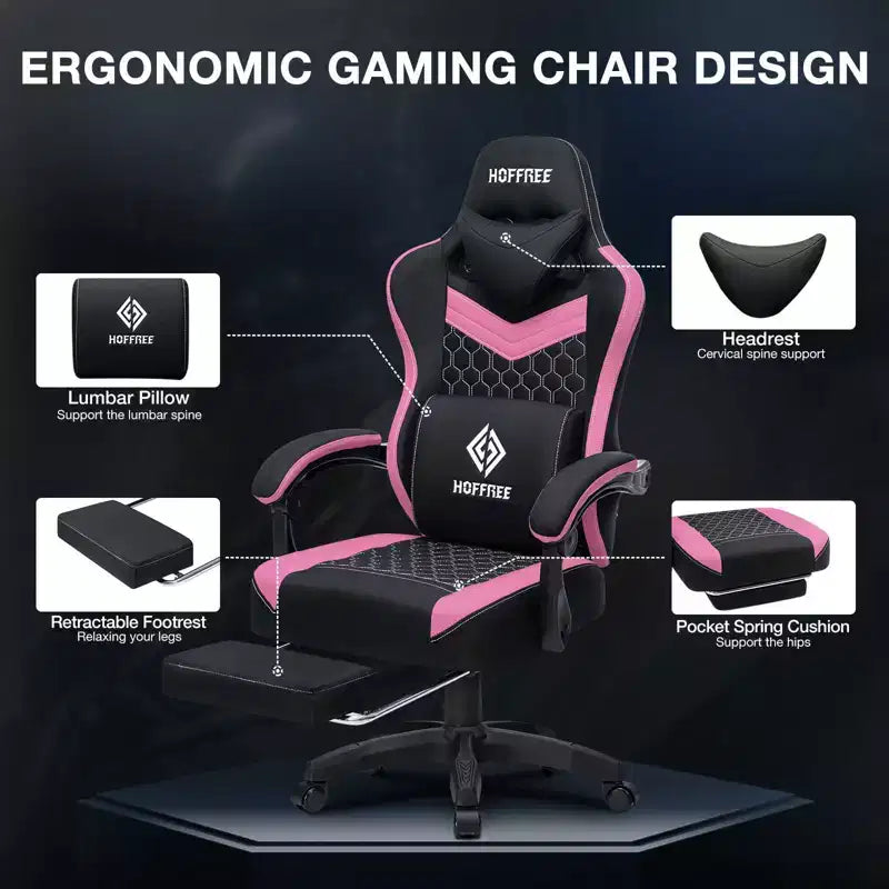 Fauteuil de gaming massant en tissu respirant, chaise de bureau ergonomique avec haut-parleur Bluetooth et repose-pieds