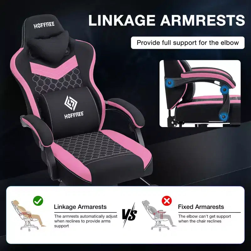 Fauteuil de gaming massant en tissu respirant, chaise de bureau ergonomique avec haut-parleur Bluetooth et repose-pieds