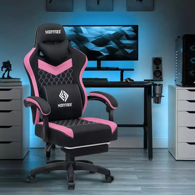 Fauteuil de gaming massant en tissu respirant, chaise de bureau ergonomique avec haut-parleur Bluetooth et repose-pieds