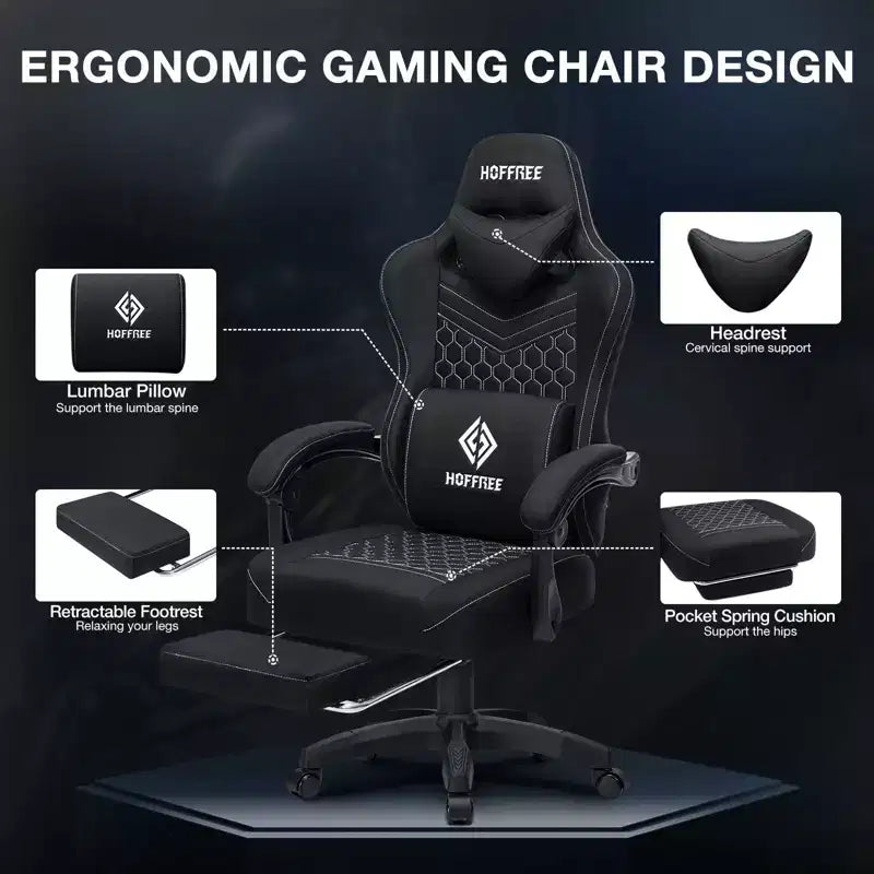 Fauteuil de gaming massant en tissu respirant, chaise de bureau ergonomique avec haut-parleur Bluetooth et repose-pieds