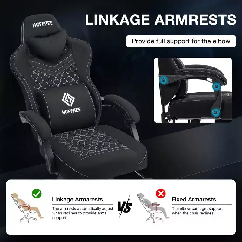 Fauteuil de gaming massant en tissu respirant, chaise de bureau ergonomique avec haut-parleur Bluetooth et repose-pieds