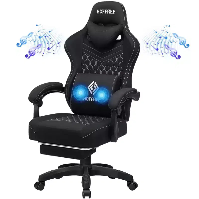 Fauteuil de gaming massant en tissu respirant, chaise de bureau ergonomique avec haut-parleur Bluetooth et repose-pieds