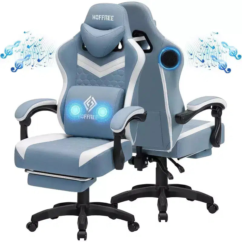 Fauteuil de gaming massant en tissu respirant, chaise de bureau ergonomique avec haut-parleur Bluetooth et repose-pieds