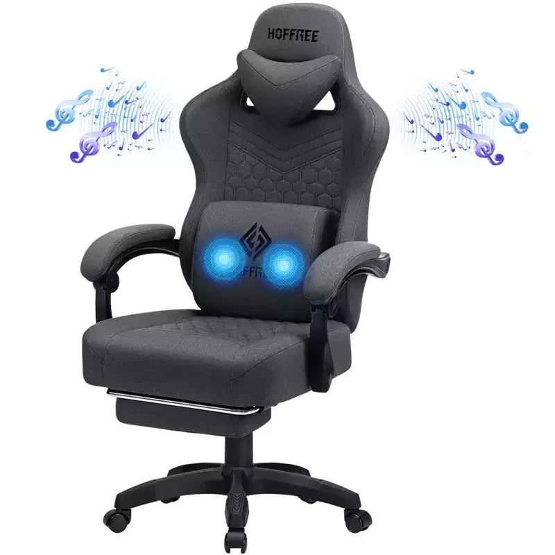 Fauteuil de gaming massant en tissu respirant, chaise de bureau ergonomique avec haut-parleur Bluetooth et repose-pieds