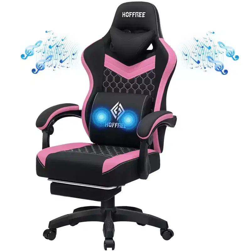 Fauteuil de gaming massant en tissu respirant, chaise de bureau ergonomique avec haut-parleur Bluetooth et repose-pieds