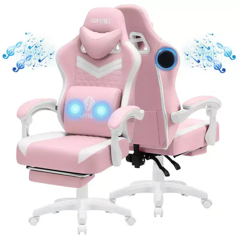 Fauteuil de gaming massant en tissu respirant, chaise de bureau ergonomique avec haut-parleur Bluetooth et repose-pieds