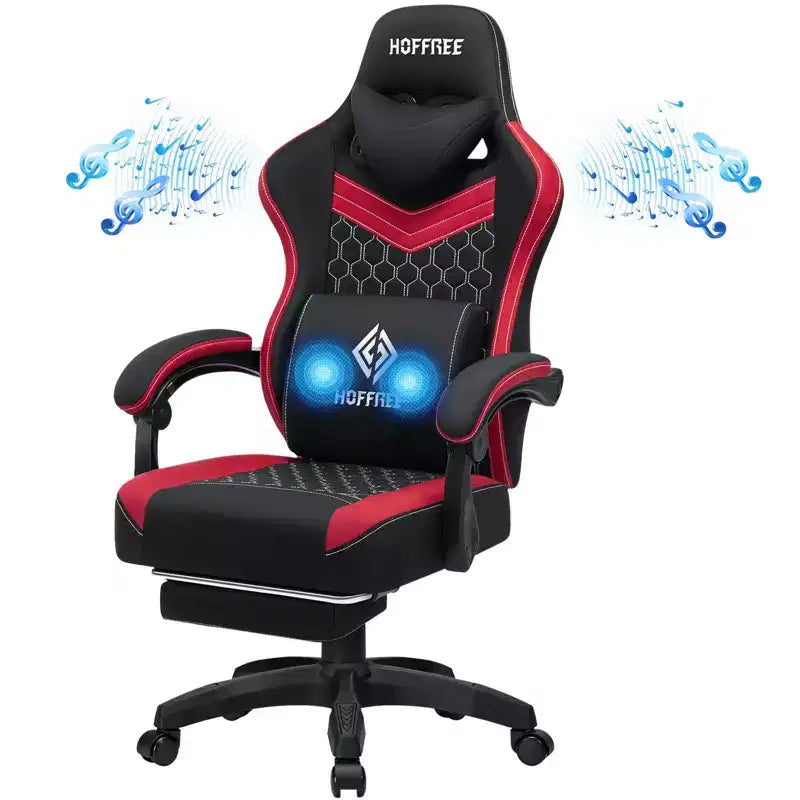 Fauteuil de gaming massant en tissu respirant, chaise de bureau ergonomique avec haut-parleur Bluetooth et repose-pieds
