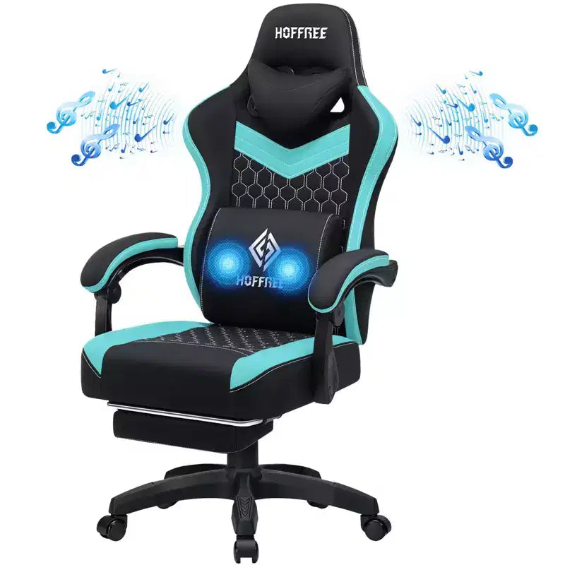 Fauteuil de gaming massant en tissu respirant, chaise de bureau ergonomique avec haut-parleur Bluetooth et repose-pieds