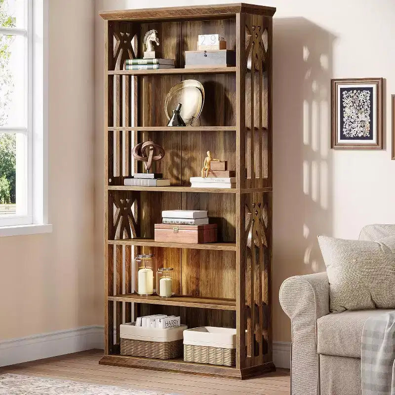 Bibliothèque en bois à 6 niveaux, étagère de 190 cm de hauteur, grandes étagères de présentation autoportantes