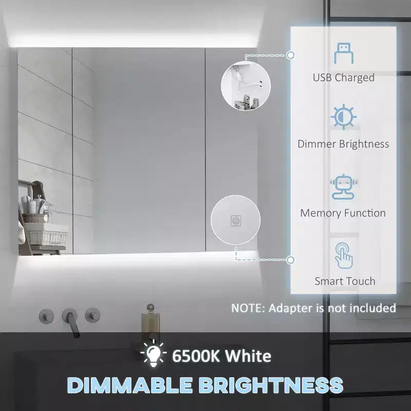 Armoire à pharmacie LED, 35,5 x 29,5 Armoire de toilette murale avec miroir, interrupteur tactile variateur, trois portes et chargement USB
