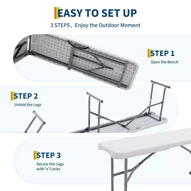 Banc pliant en PEHD de 1,8 m, siège portable pour camping/repas avec cadre en métal, pour activités de divertissement polyvalentes de jardin, soccer, intérieur/extérieur, paquet de 2