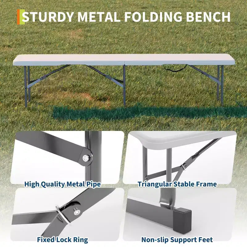 Banc pliant en PEHD de 1,8 m, siège portable pour camping/repas avec cadre en métal, pour activités de divertissement polyvalentes de jardin, soccer, intérieur/extérieur, paquet de 2